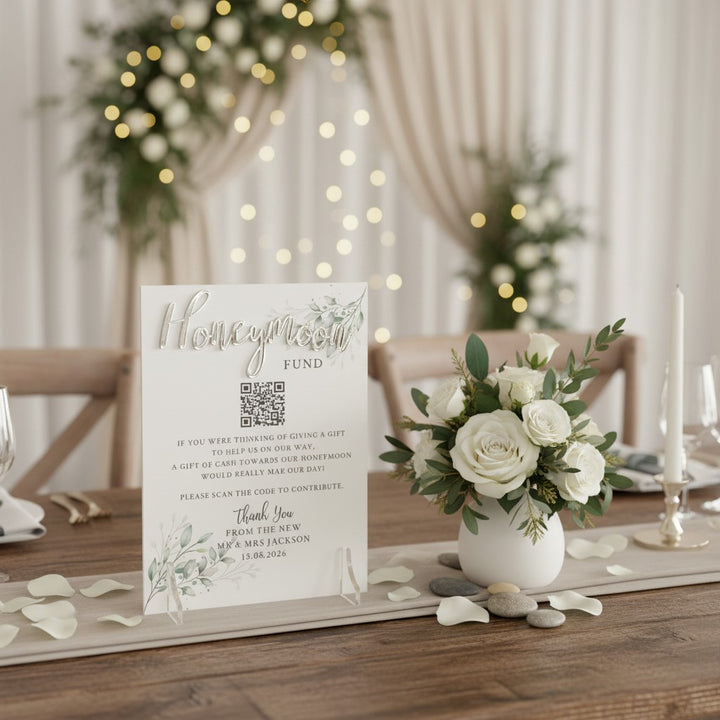 Botanical Wreath Honeymoon Fund QR code acrylic sign