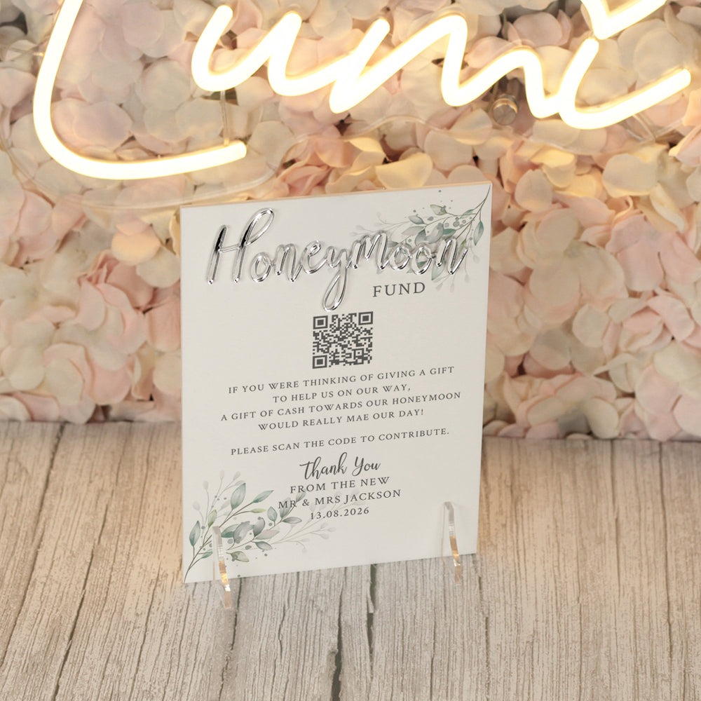 Botanical Wreath Honeymoon Fund QR code acrylic sign-Weddings by Lumi