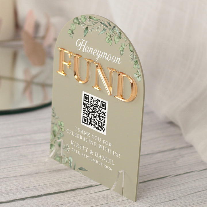 Eucalyptus Honeymoon Fund QR code acrylic sign