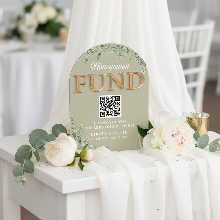 Eucalyptus Honeymoon Fund QR code acrylic sign