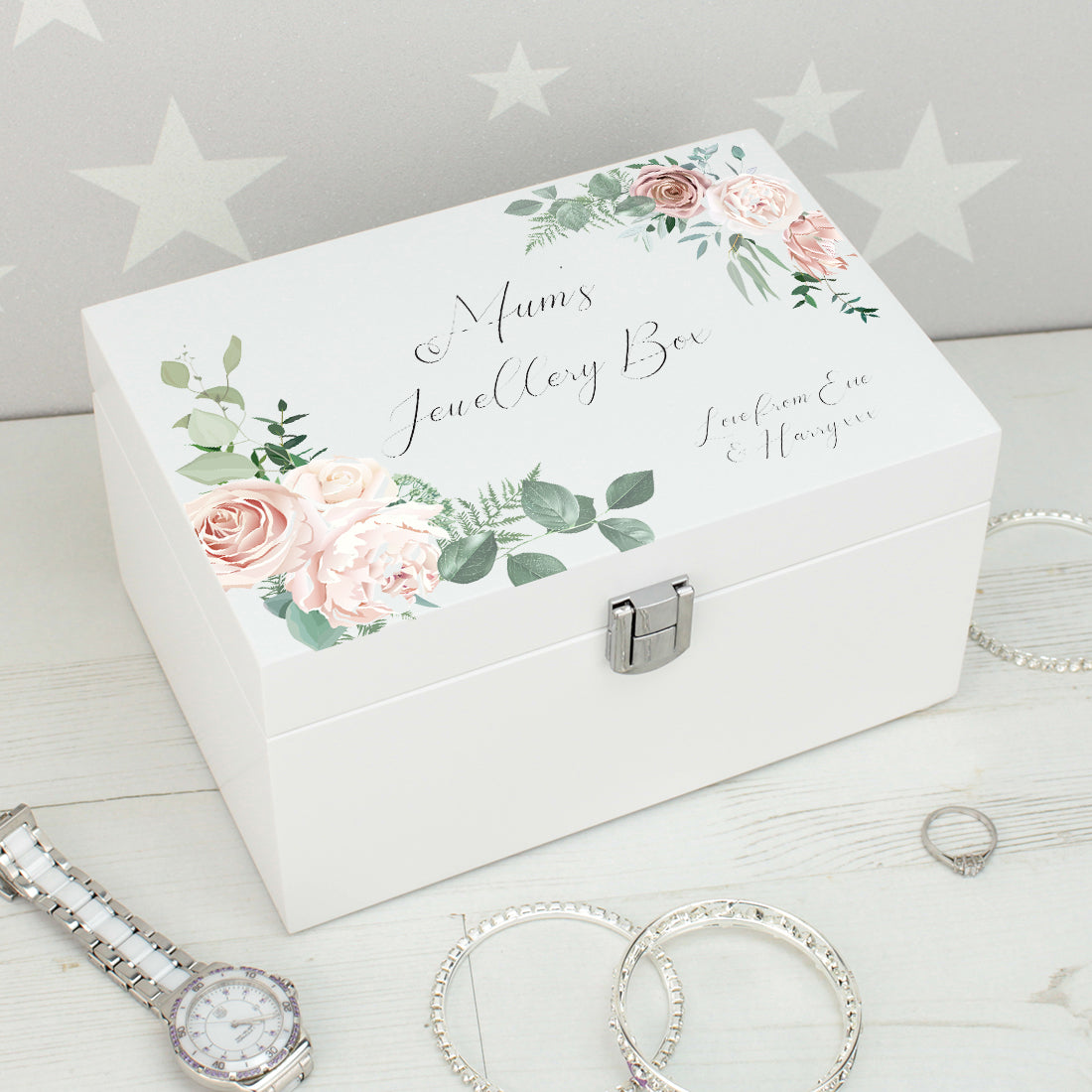 Watercolour Roses Wooden Jewellery Box with Mirror-Weddings by Lumi