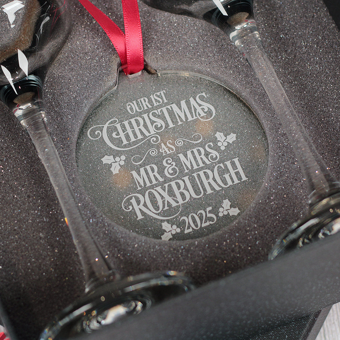 1st Christmas Married Pair of Champagne Flutes and Keepsake Bauble