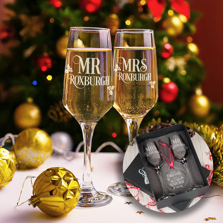 1st Christmas Married Pair of Champagne Flutes and Keepsake Bauble