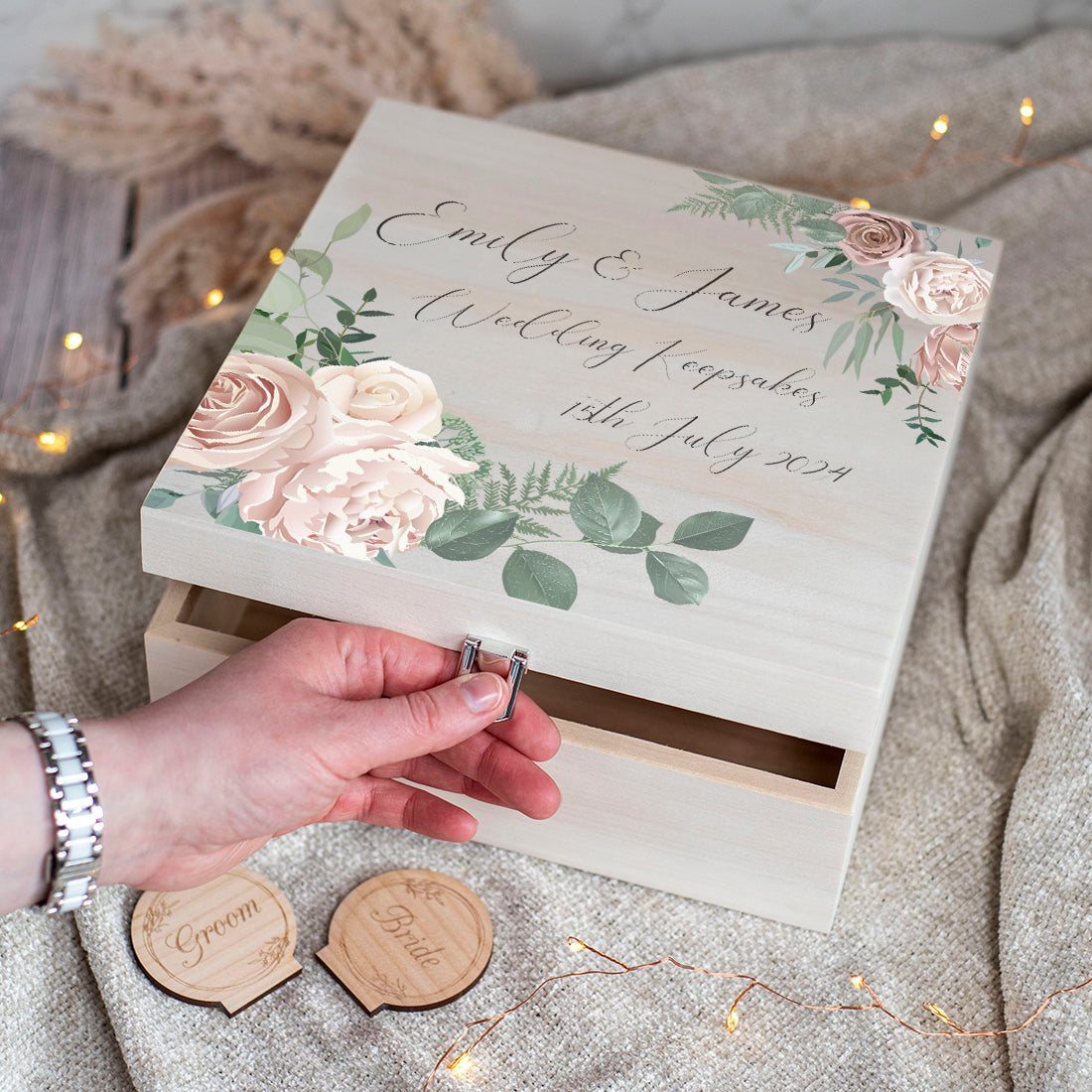 Watercolour Roses Wedding Natural Wooden Memory Keepsake Box
