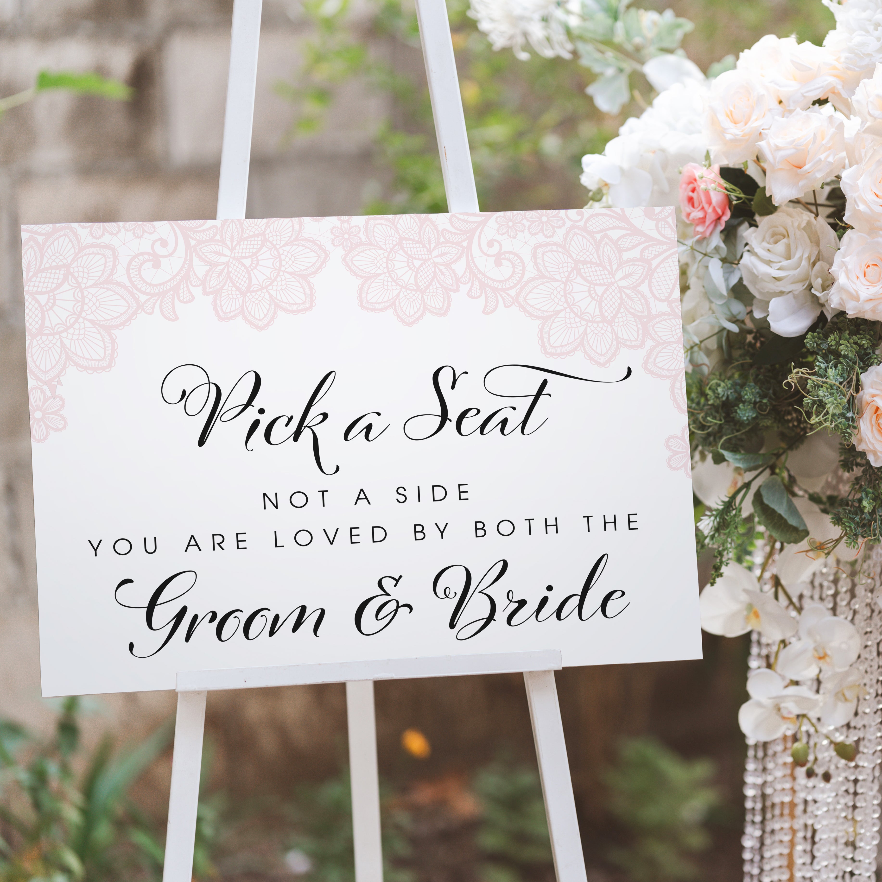 Lace Heirloom Pick a Seat Not a Side Wedding Acrylic Sign