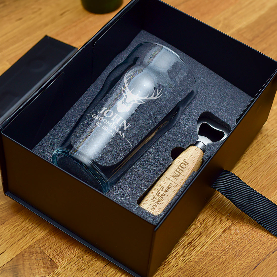 Luxury Gift Boxed Stag Wedding Groomsman Gift Pint Glass And Bottle Opener Set