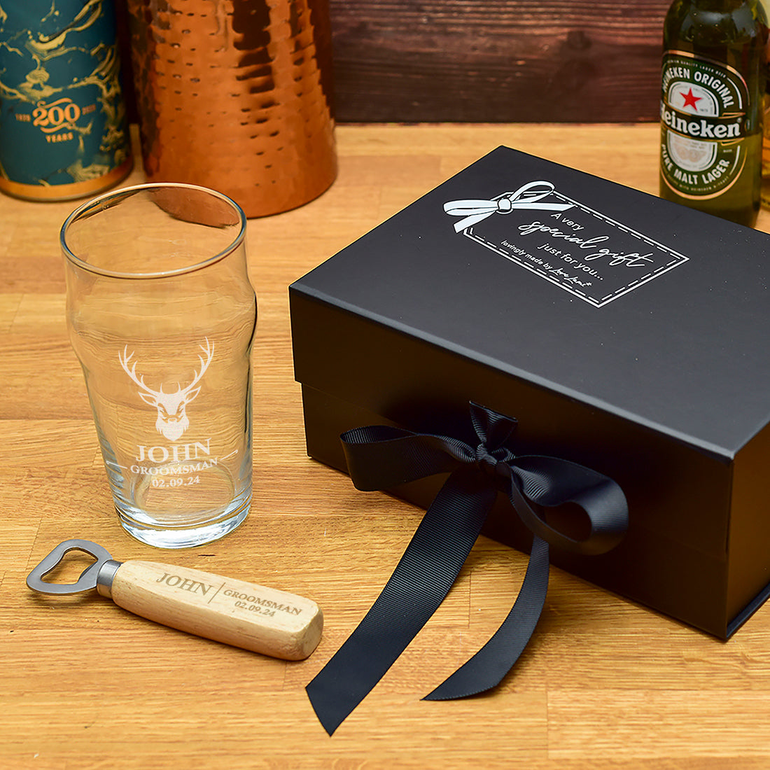 Luxury Gift Boxed Stag Wedding Groomsman Gift Pint Glass And Bottle Opener Set