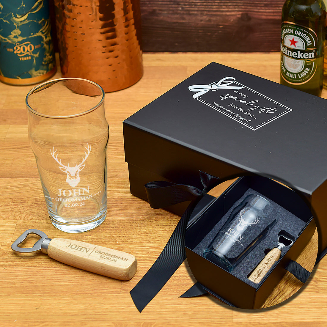 Luxury Gift Boxed Stag Wedding Groomsman Gift Pint Glass And Bottle Opener Set