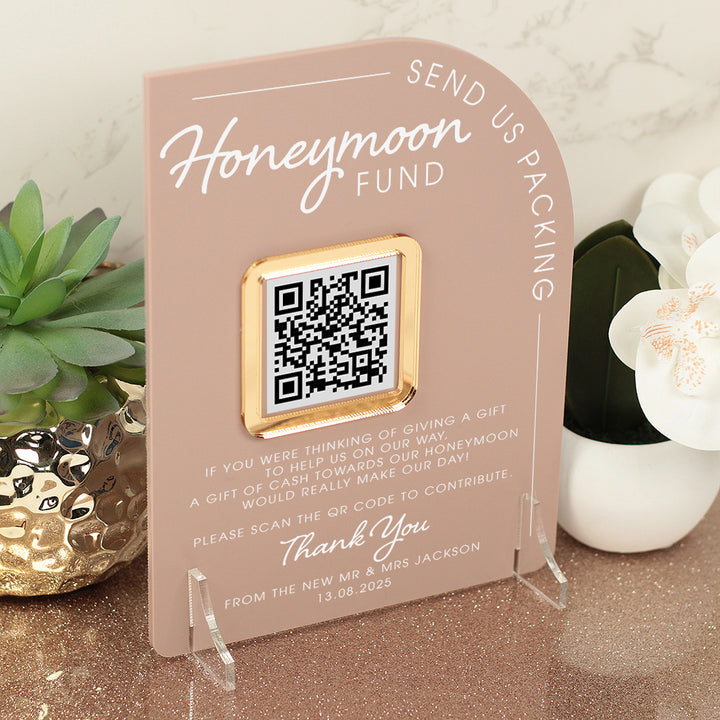 Modern Arch Honeymoon Fund QR Code 3D Acrylic Sign-Weddings by Lumi