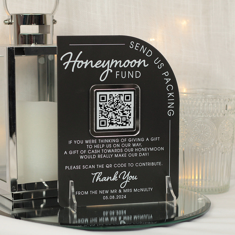 Modern Arch Honeymoon Fund QR Code 3D Acrylic Sign-Weddings by Lumi