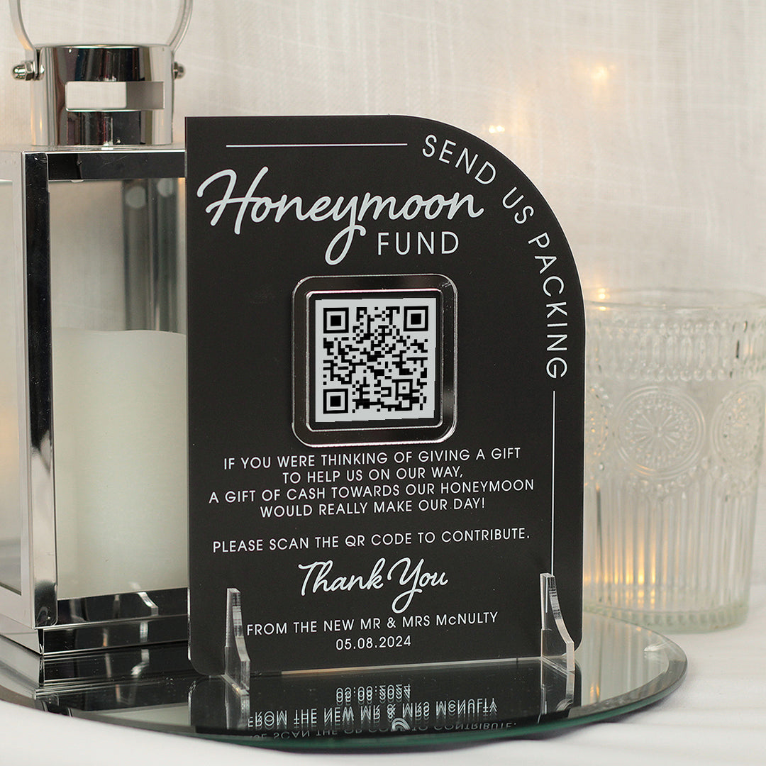 Modern Arch Honeymoon Fund QR Code 3D Acrylic Sign-Weddings by Lumi
