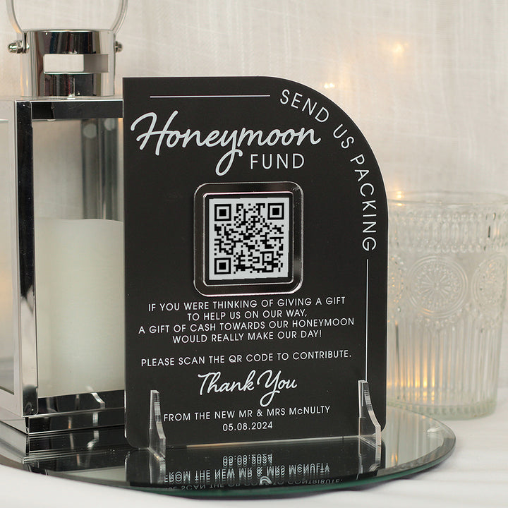 Modern Arch Honeymoon Fund QR Code 3D Acrylic Sign-Weddings by Lumi