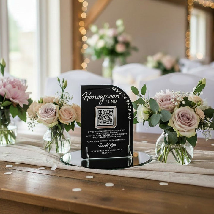 Modern Arch Honeymoon Fund QR Code 3D Acrylic Sign