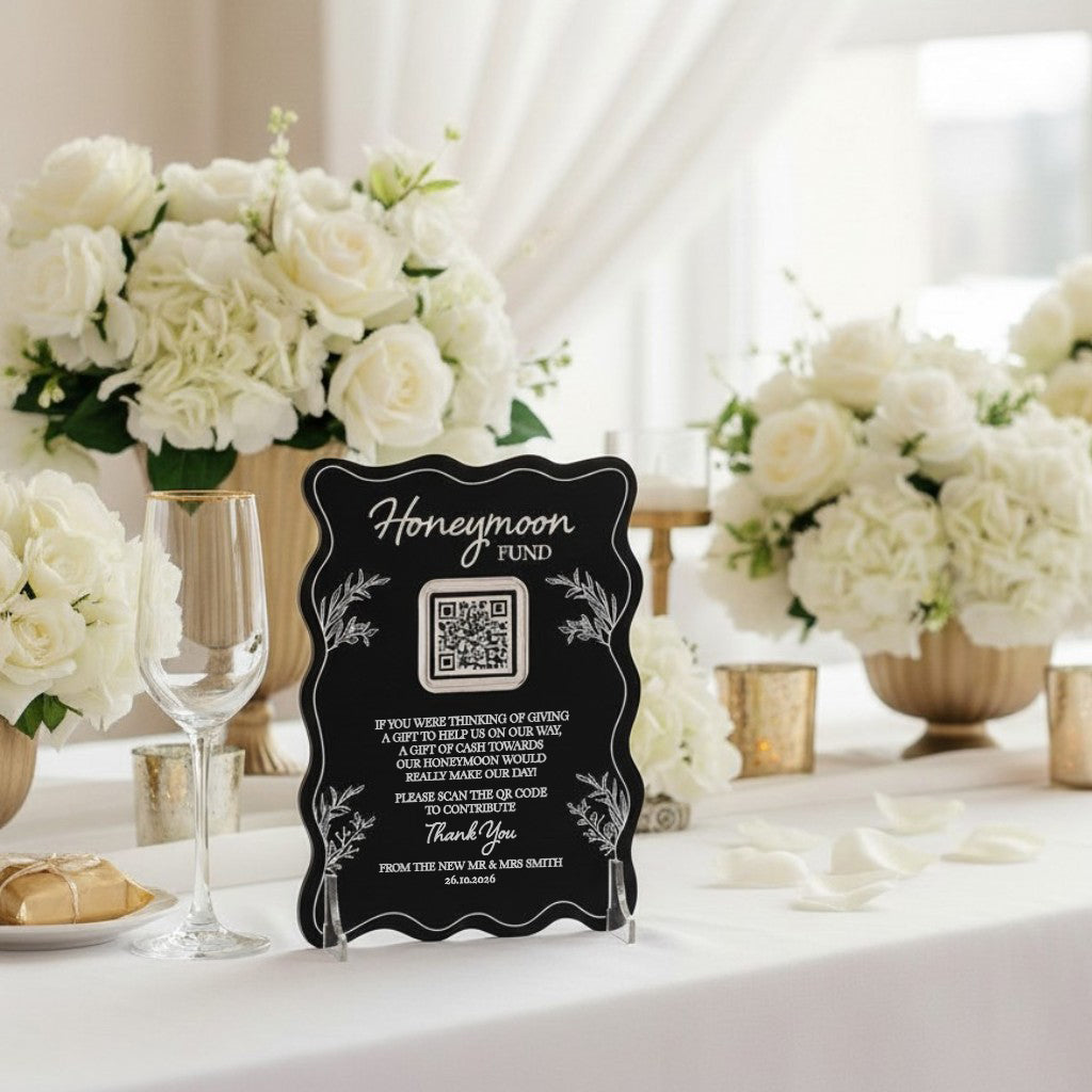 Wavy Edge Honeymoon Fund QR Code Acrylic Sign