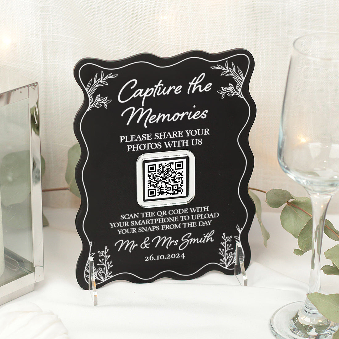 Wavy Edge Photo Sharing QR Code Acrylic Sign – Weddings by Lumi