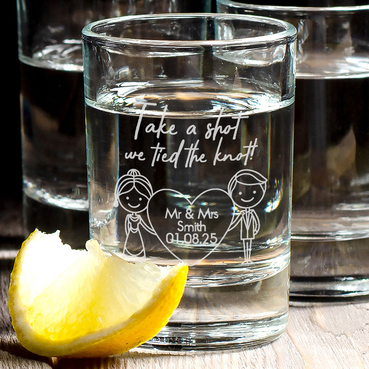 Mr &amp; Mrs We Tied The Knot Wedding Favour Shot Glasses-Weddings by Lumi