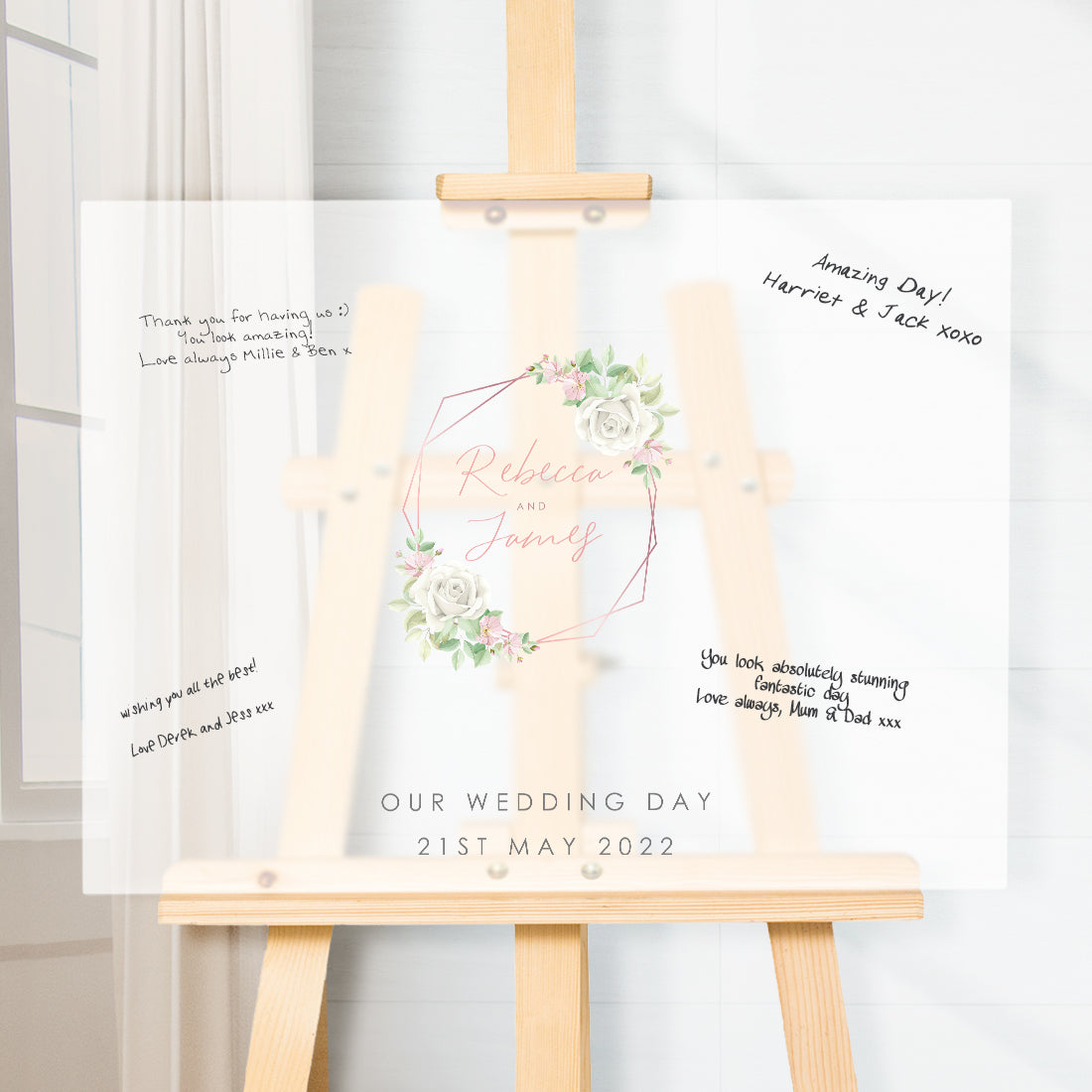 Rose Gold Floral Frosted Acrylic Wedding Guest Signing Board-Weddings by Lumi