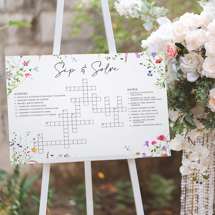 Wildflower Sip and Solve Crossword Puzzle Sign Board