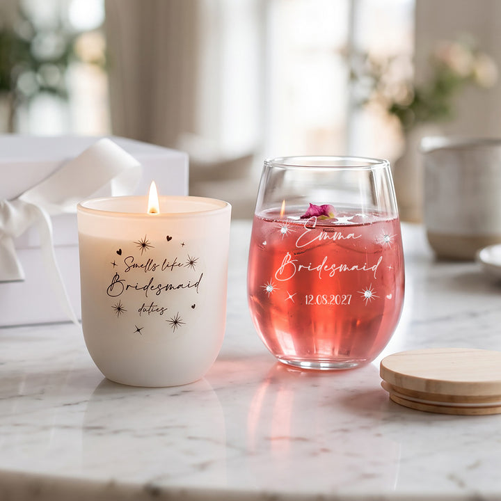 Smells like Bridal Party Duties Diamante Embellished Stemless Glass and Candle Gift Boxed Set