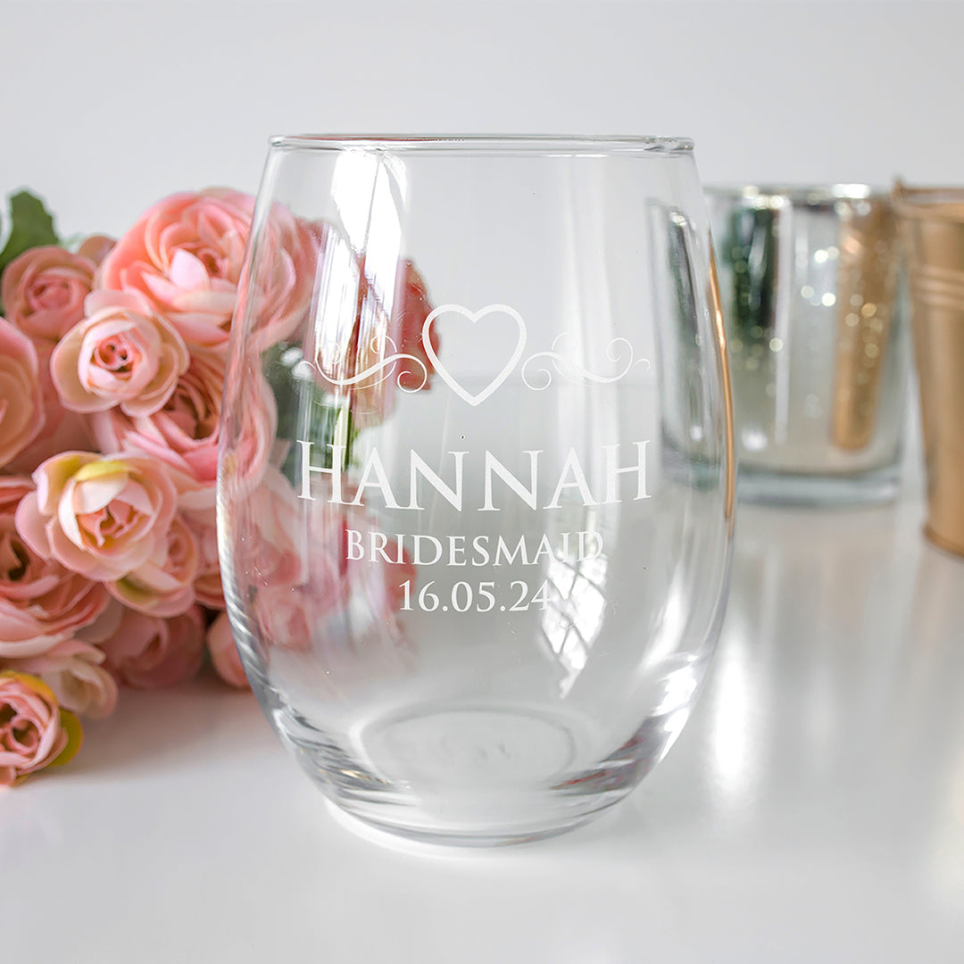 Love Heart Bridal Party Stemless Glass and Gift Boxed Set
