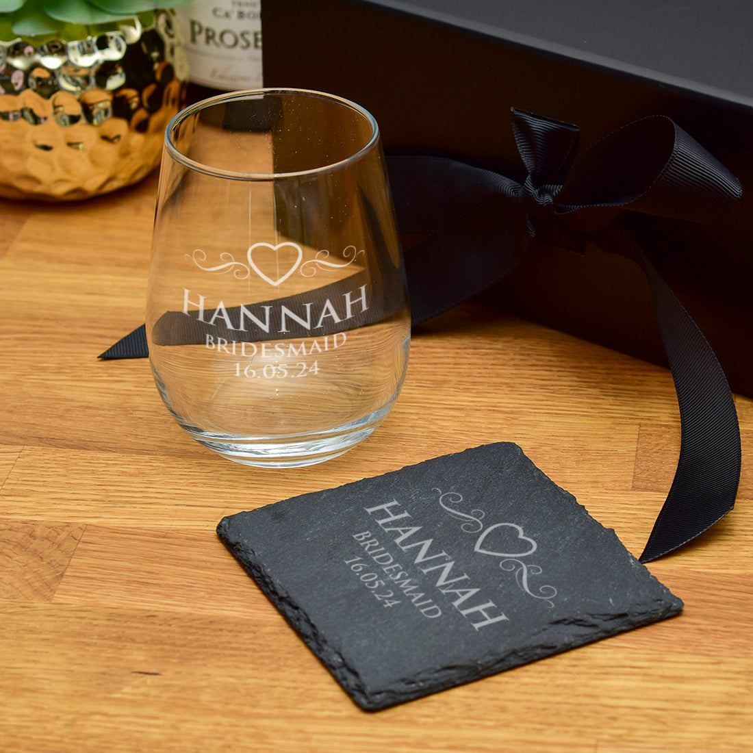 Luxury Gift Boxed Bridal Party Thank You Stemless Glass and Coaster Set
