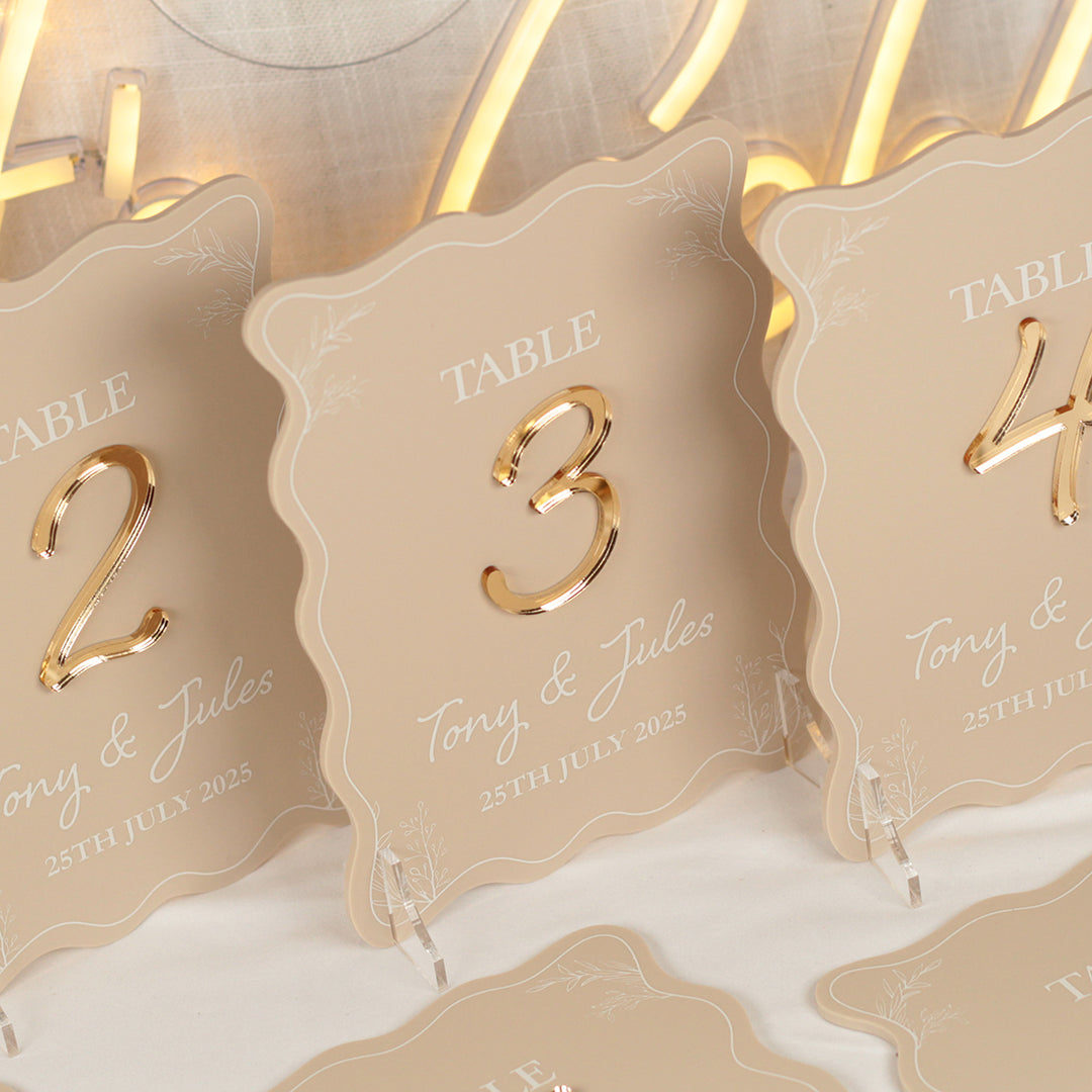 Wavy Edge 3D Matt and Mirror Acrylic Freestanding Table Number-Weddings by Lumi
