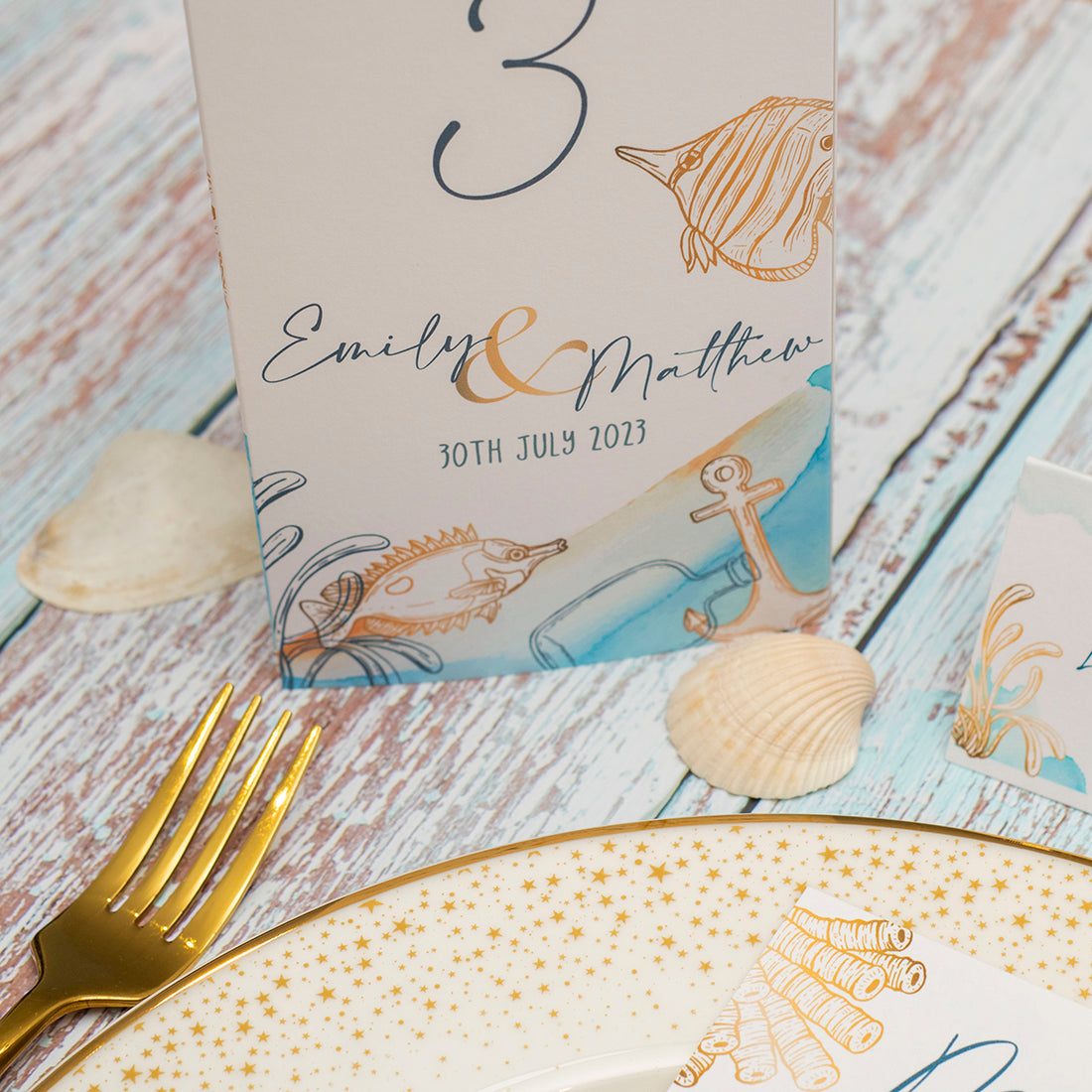Watercolour Beach Tri-Fold Freestanding Table Number-Weddings by Lumi