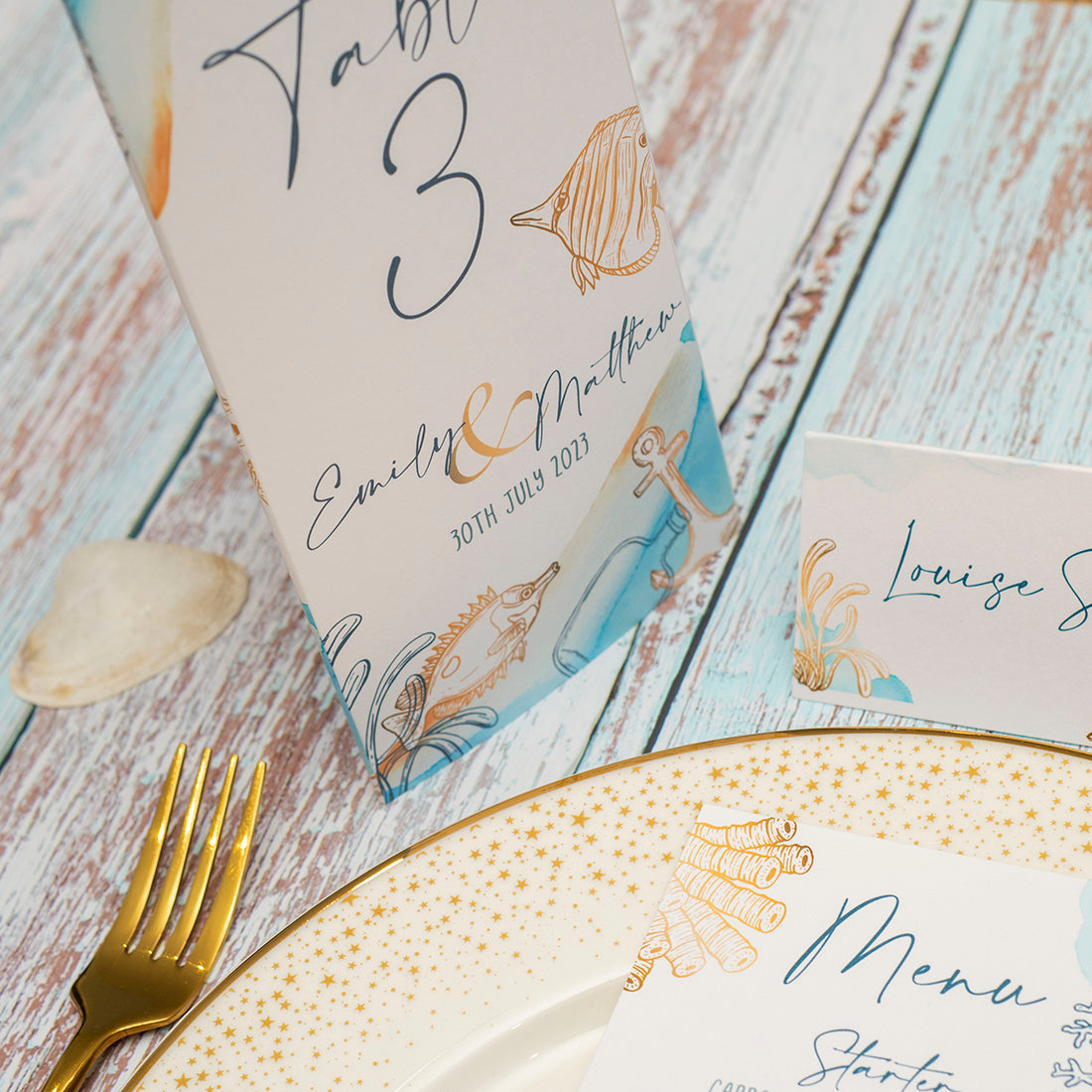 Watercolour Beach Tri-Fold Freestanding Table Number-Weddings by Lumi