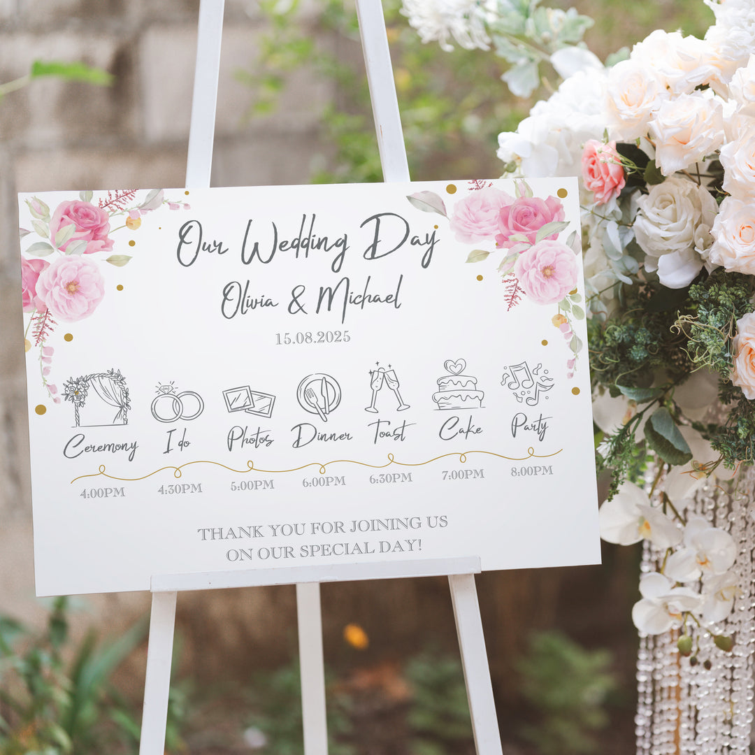Geometric Floral Heart Order of the Day Timeline Acrylic Sign-Weddings by Lumi