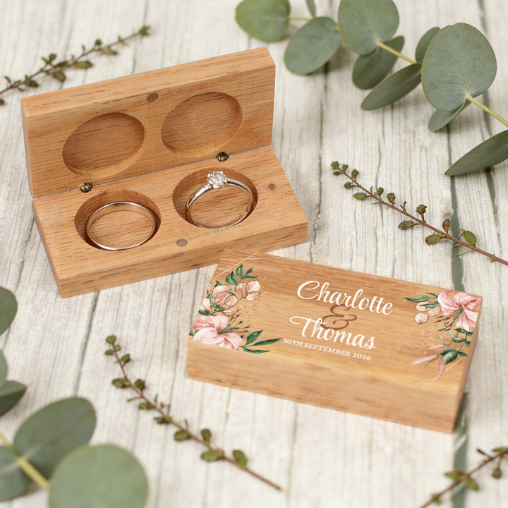 Tropical Boho Wedding Oak Double Ring Box