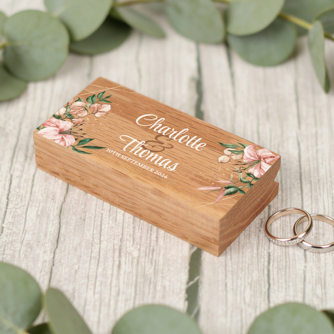 Tropical Boho Wedding Oak Double Ring Box