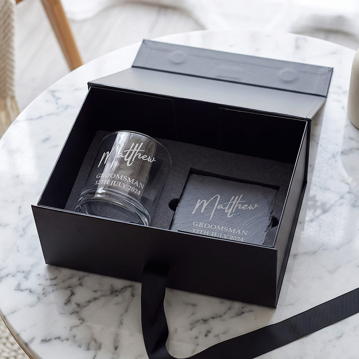 Wedding Role Groomsman Whiskey Glass &amp; Coaster Gift Boxed Set
