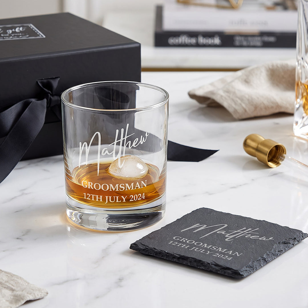 Wedding Role Groomsman Whiskey Glass &amp; Coaster Gift Boxed Set