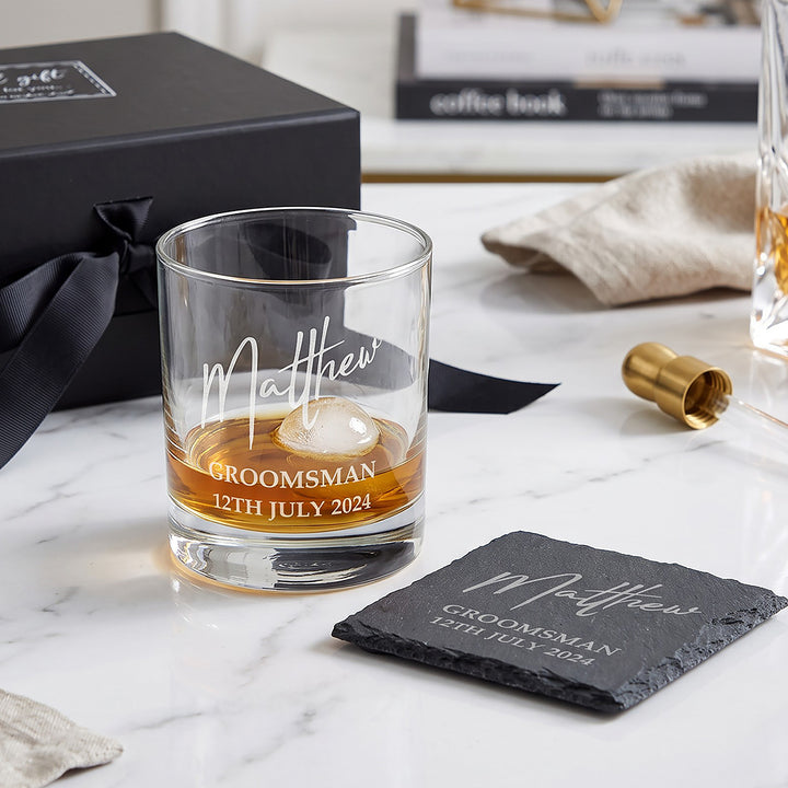 Wedding Role Groomsman Whiskey Glass &amp; Coaster Gift Boxed Set