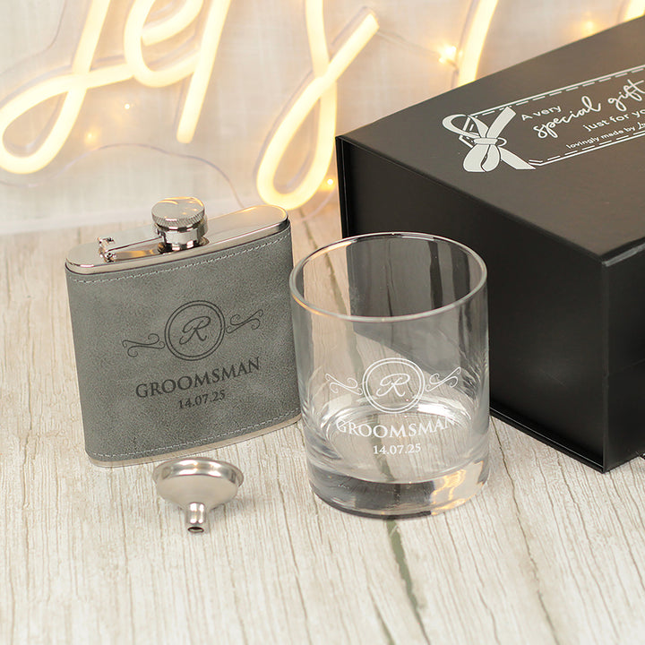 Initial Ornate Frame Groomsmen Hip Flask-Weddings by Lumi