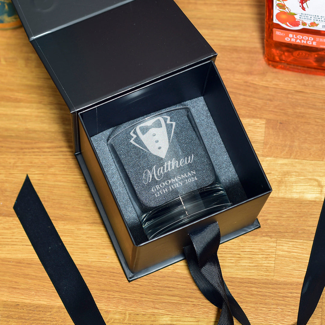 Tuxedo Groomsman Engraved Whiskey Glass