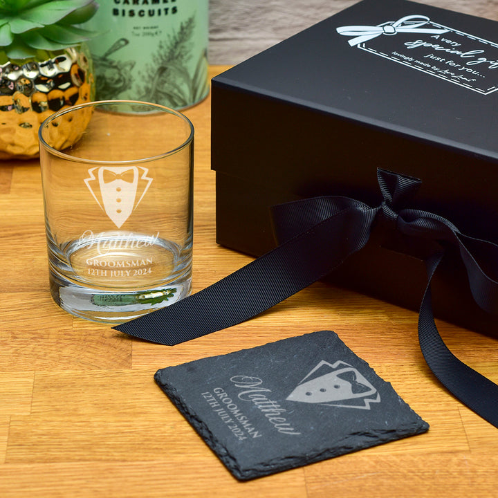 Tuxedo Groomsman Engraved Whiskey Glass