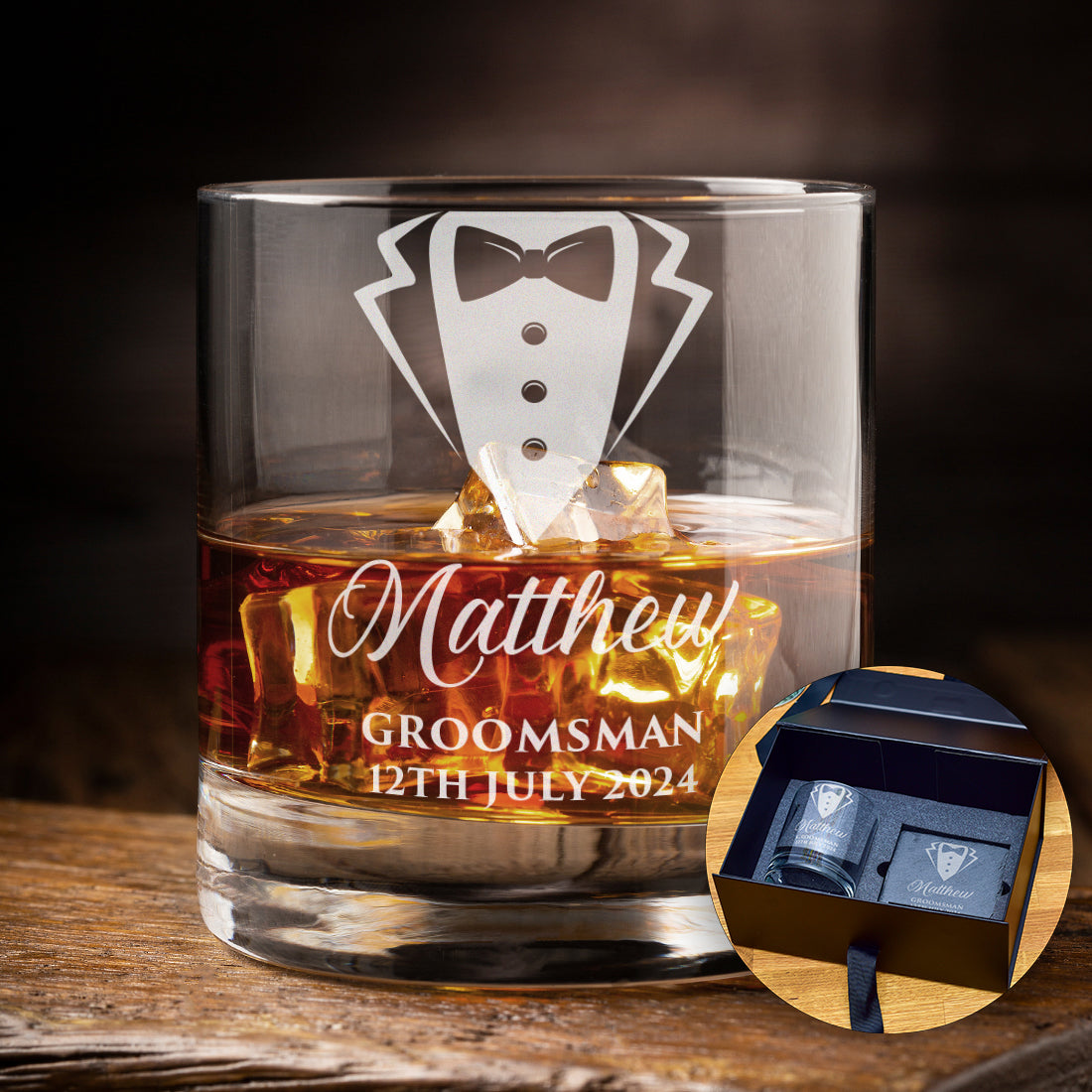 Wedding Tuxedo Groomsman Engraved Whiskey Glass