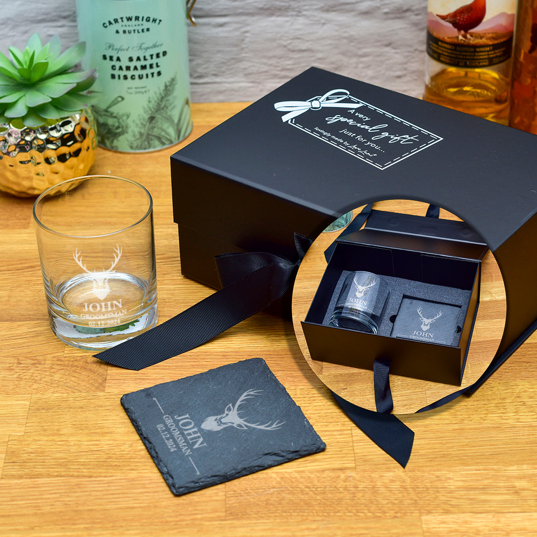 Luxury Gift Boxed Wedding Party Groomsmen Glass Tumbler and Coaster Set
