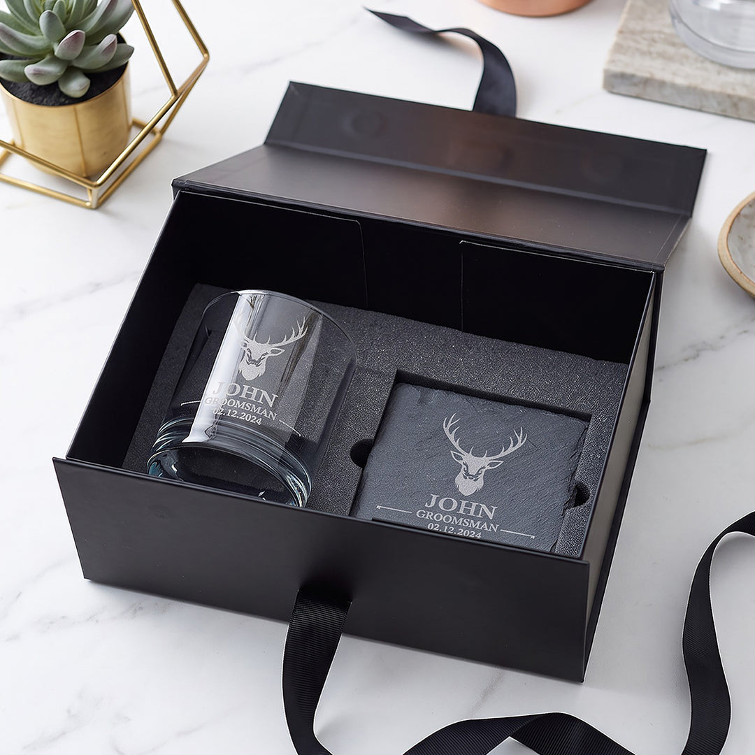 Stag Groomsman Whiskey Glass &amp; Coaster Gift Boxed Set