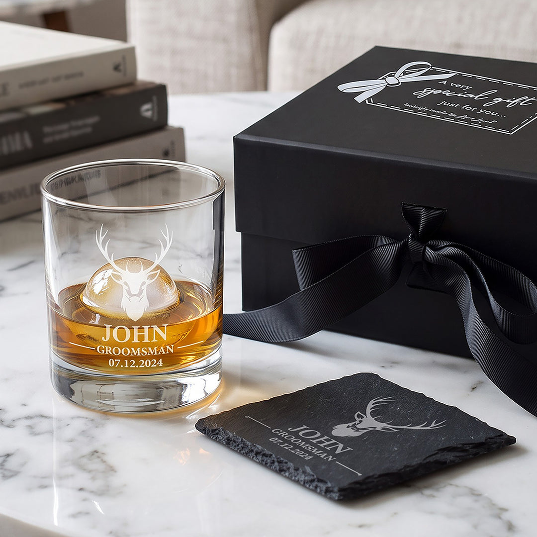 Stag Groomsman Whiskey Glass &amp; Coaster Gift Boxed Set