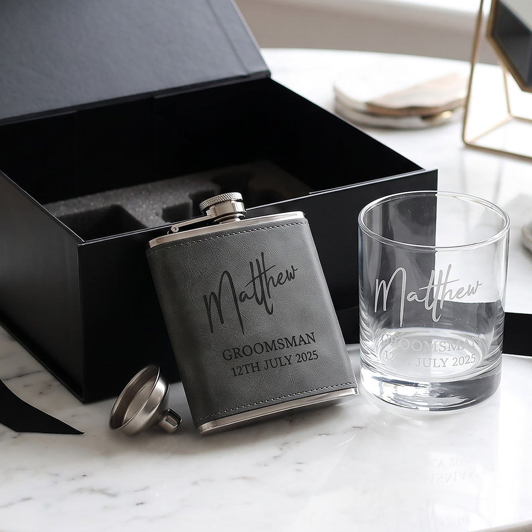 Wedding Role Groomsman Whiskey Glass &amp; Hip Flask Gift Boxed Set