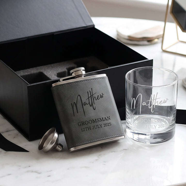 Wedding Role Groomsman Whiskey Glass &amp; Hip Flask Gift Boxed Set