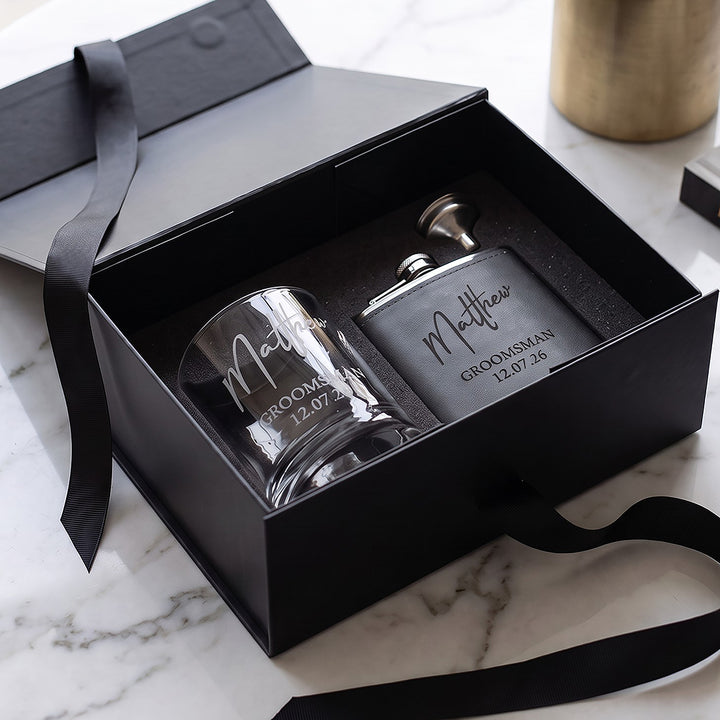 Wedding Role Groomsman Whiskey Glass &amp; Hip Flask Gift Boxed Set