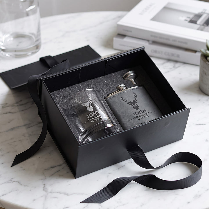Stag Groomsman Whiskey Glass &amp; Hip Flask Gift Boxed Set