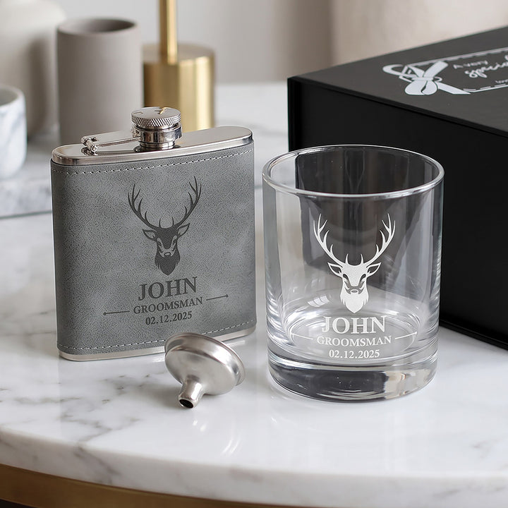 Stag Groomsman Whiskey Glass &amp; Hip Flask Gift Boxed Set