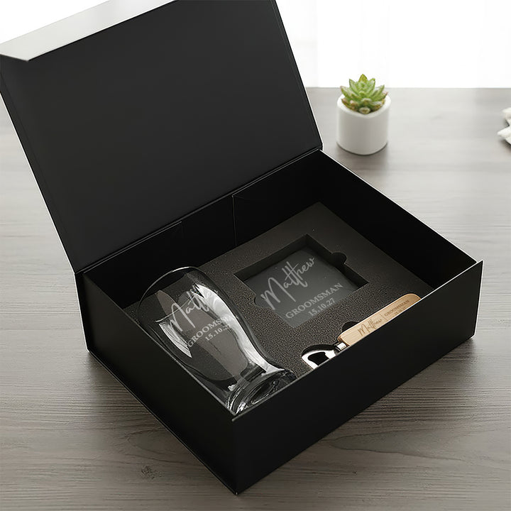Wedding Role Groomsman Pint Glass. Coaster and Bottle Opener Gift Boxed Set