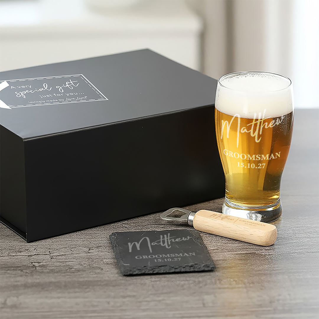 Wedding Role Groomsman Pint Glass. Coaster and Bottle Opener Gift Boxed Set