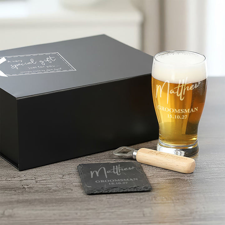 Wedding Role Groomsman Pint Glass. Coaster and Bottle Opener Gift Boxed Set