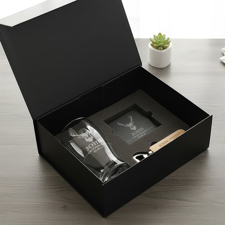 Stag Groomsman Pint Glass, Coaster and Bottle Opener Gift Boxed Set